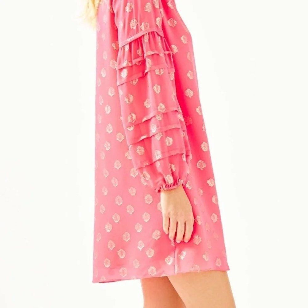 Lilly Pulitzer Giana Silk Dress In Coral Spritz Seagrass Metallic Clip Chiffon 0 - Picture 2 of 4